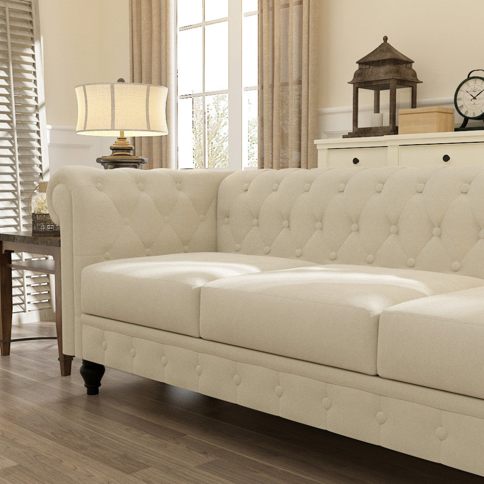 88'' Beige Velvet Rolled Arm Chesterfield Sofa with Black Leg