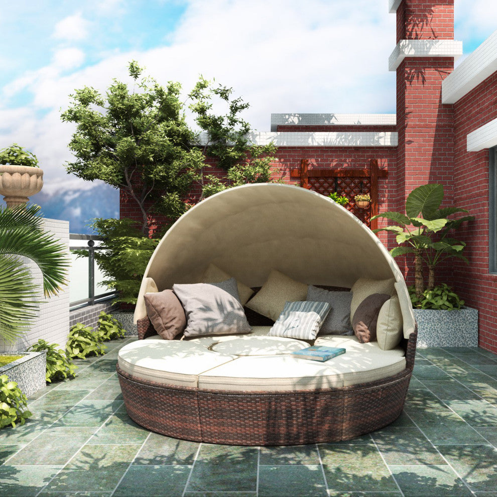 Round Outdoor Sectional Sofa Set Rattan Patio Daybed With Canopy, Beige
