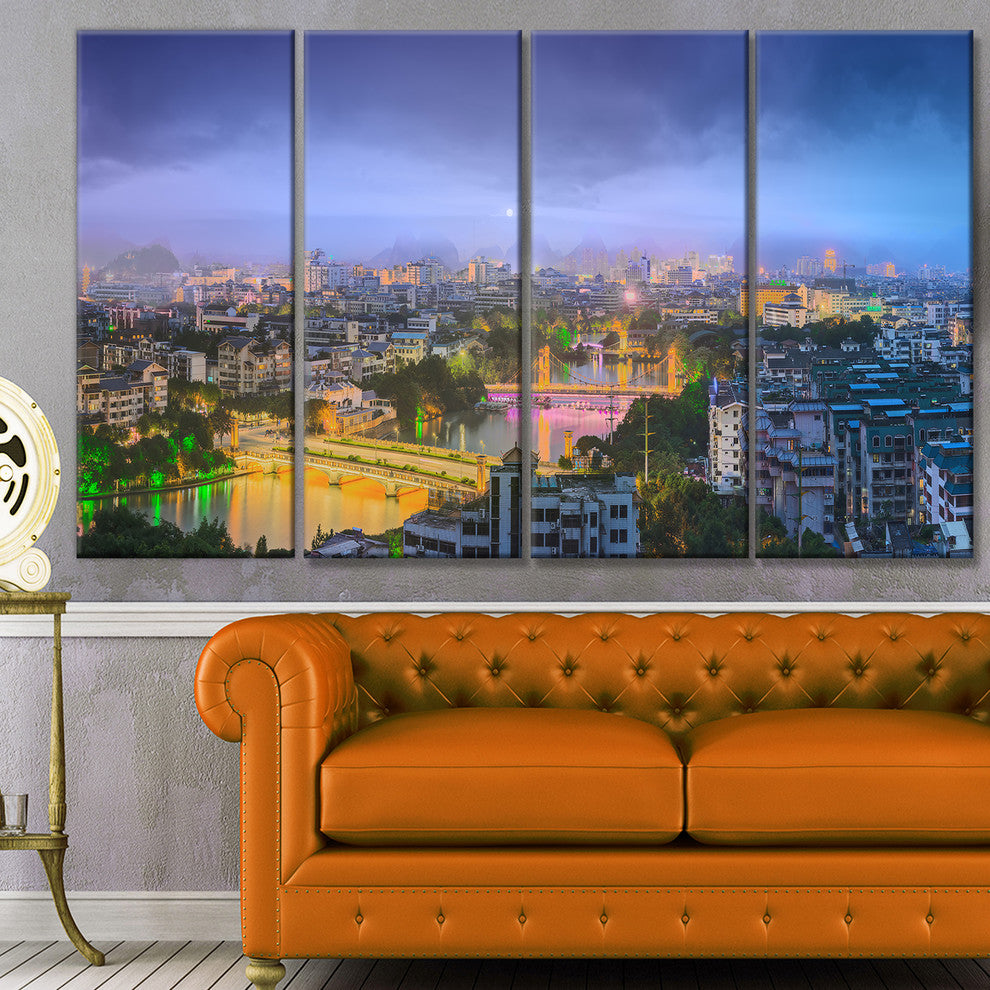 Li River and Karst Hills Panorama, Cityscape Canvas Art Print, 48"x28", 4 Panels
