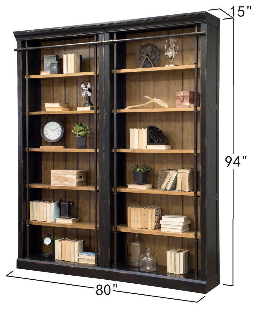 8' Tall Bookcase Wall With Ladder, Storage Organizer, Black