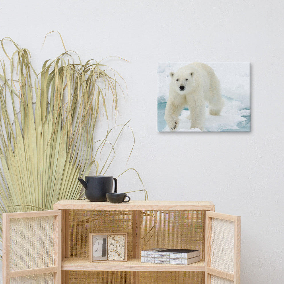 Giant White Polar Bear Walking On Icy Lake Wildlife Photo Canvas Wall Art Print, 18" X 24"