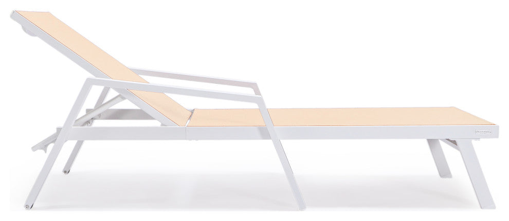 LeisureMod Marlin Patio Chaise Lounge Chair With Arms White Frame, Light Brown