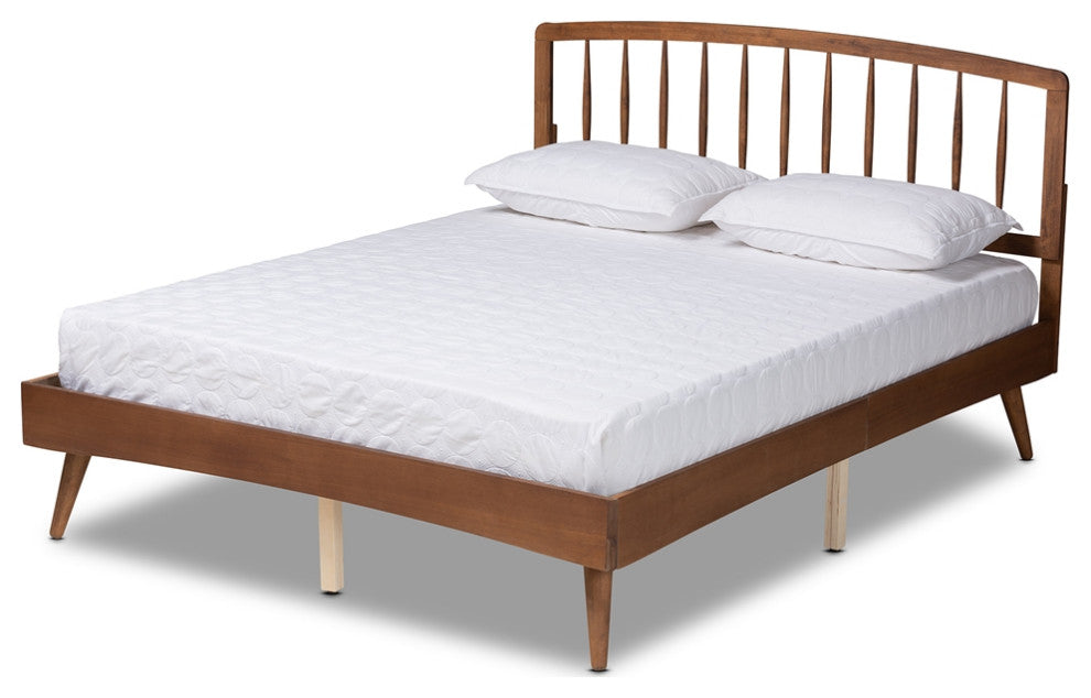 Mid-Century Modern Walnut Brown Wood Queen Size Platform Bed, Slatted Headboard