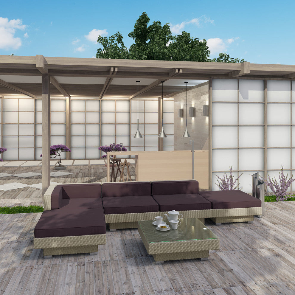 Modern Urban Outdoor Patio Rattan and Wicker 6-Piece SetSectional Set Tan Brown