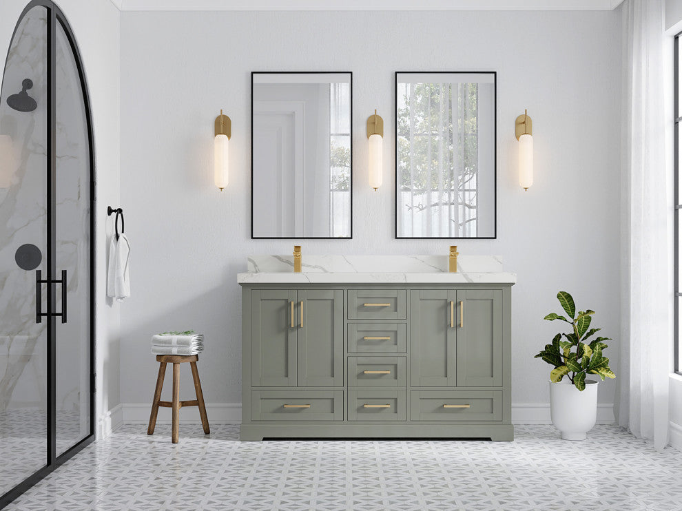 Boston 60 Double Bathroom Vanity in Evergreen 2" Calacatta Laza