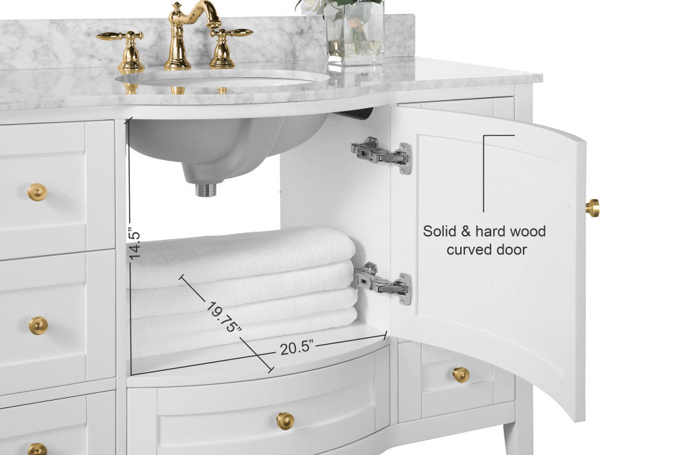 Lauren 48" Vanity Set, White, 48", Gold Hardware, Cararra White Marble Countertop and Mirror