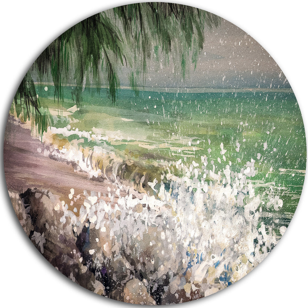 Rocky Seashore With White Waves, Seashore Round Metal Wall Art, 36"