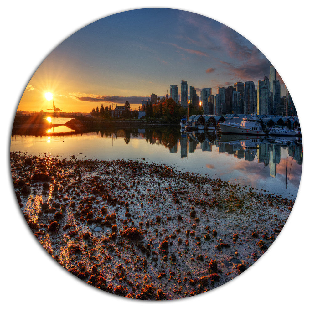 Vancouver Downtown In Morning, Landscape Art Disc Metal Artwork, 11"