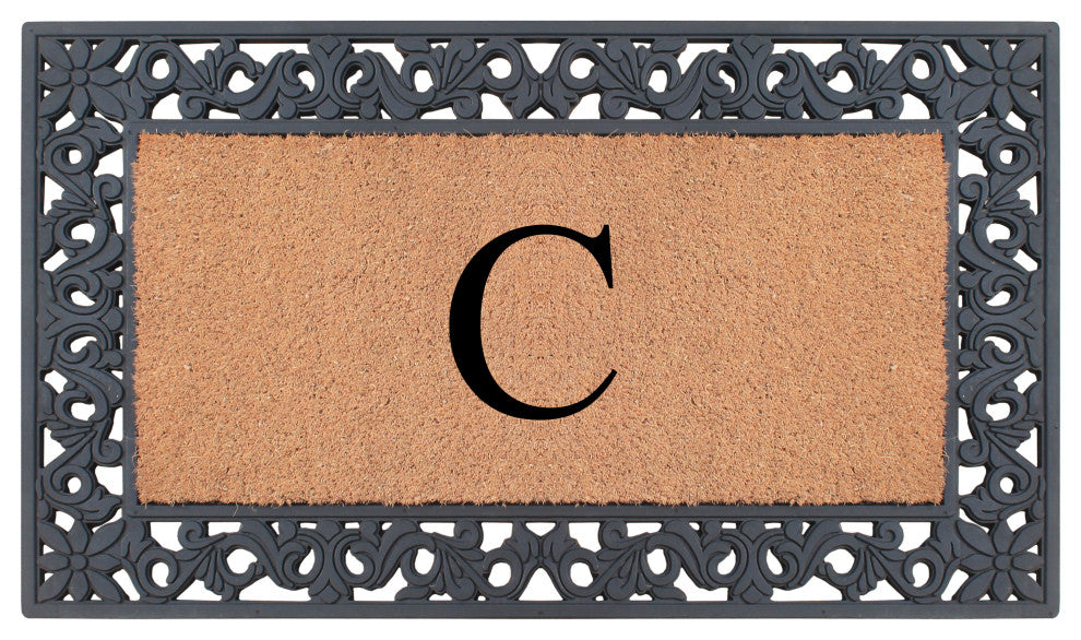 A1HC Rubber & Coir Floral Outdoor Durable Monogram Doormat 18"x30", Black, C