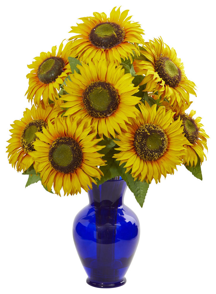 Sunflower Artificial Arrangement in Blue Garden Vase