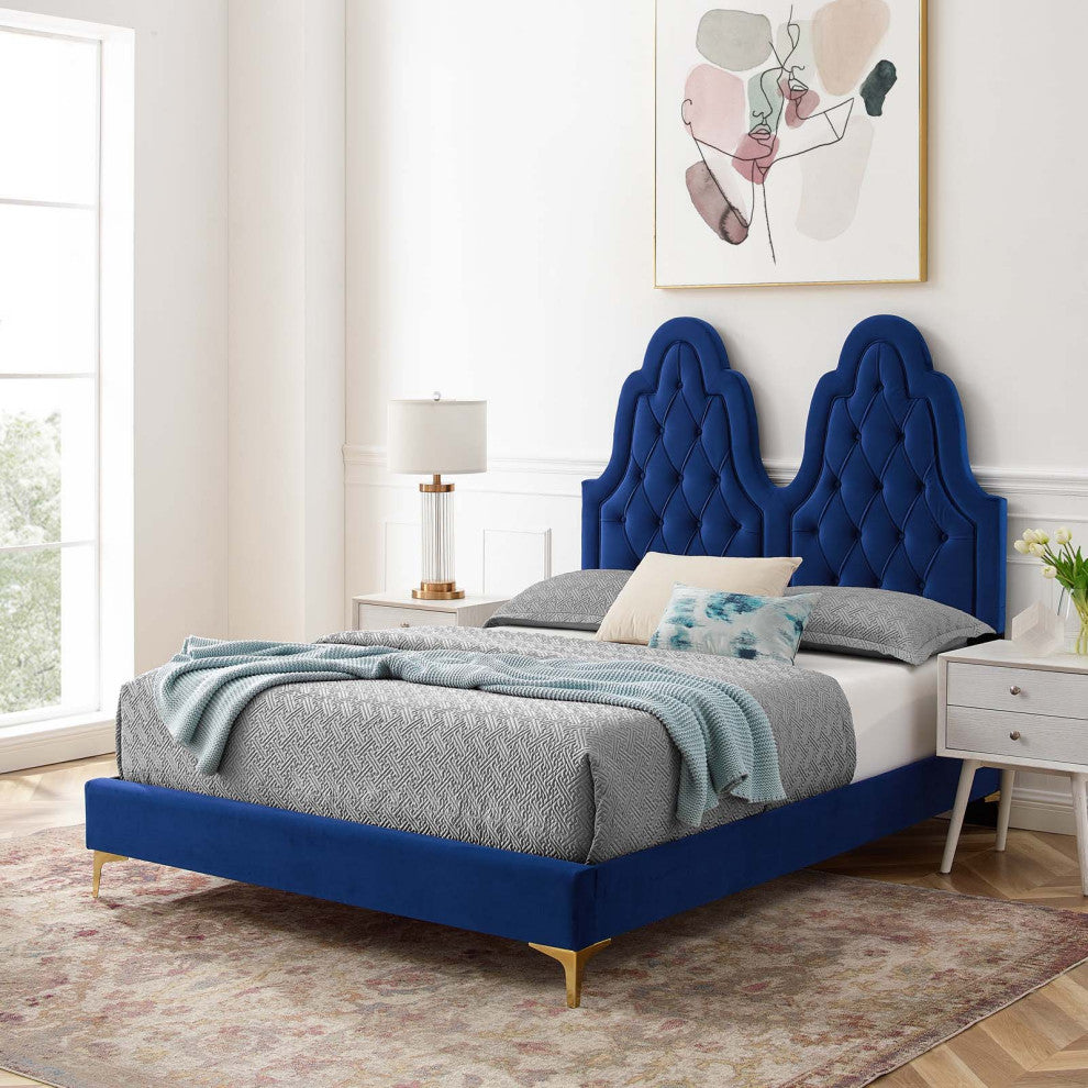 Tufted Platform Bed Frame, King Size, Velvet, Blue Navy, Modern Contemporary