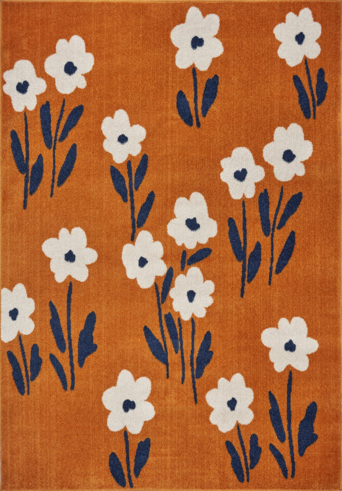 8" x 9" Orange and Ivory Flower Field Area Rug