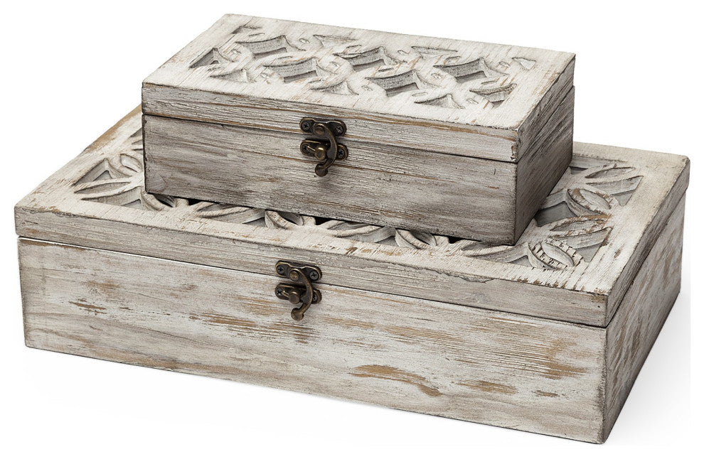 Set of Two Distressed White Wooden Boxes