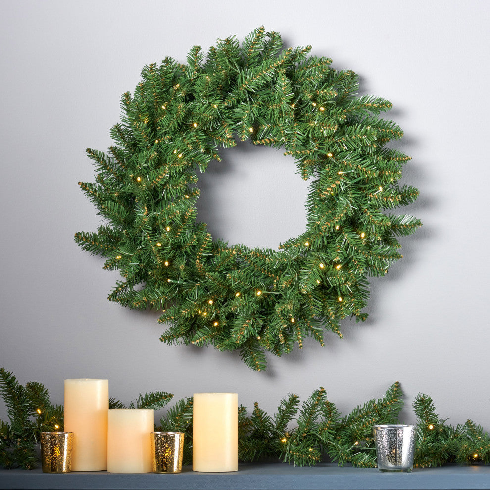 24" Norway Spruce Pre-Lit Warm White LED Artificial Christmas Wreath, Green
