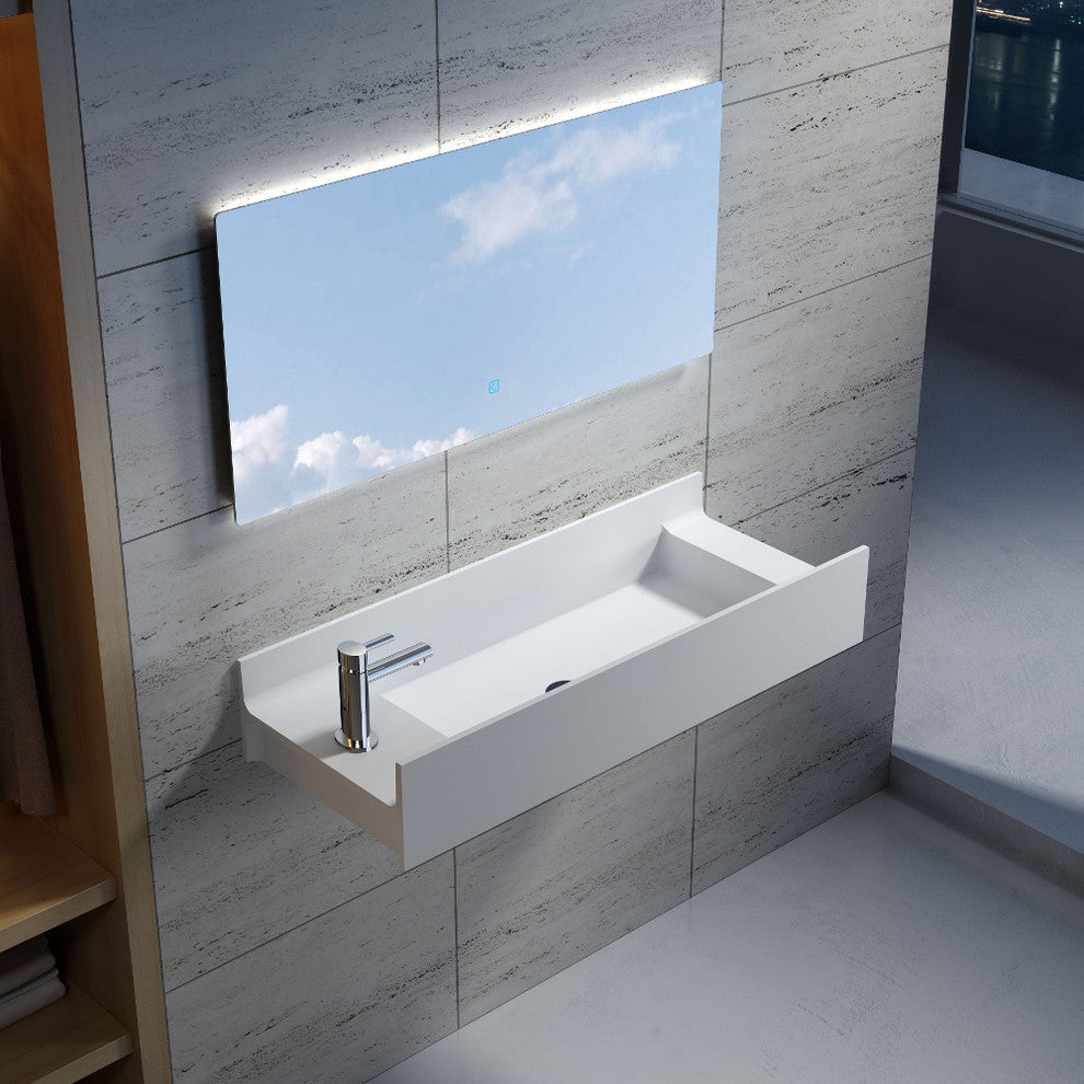 39" Polystone Rectangular Wall Mounted Sink Only, Glossy White, No Faucet
