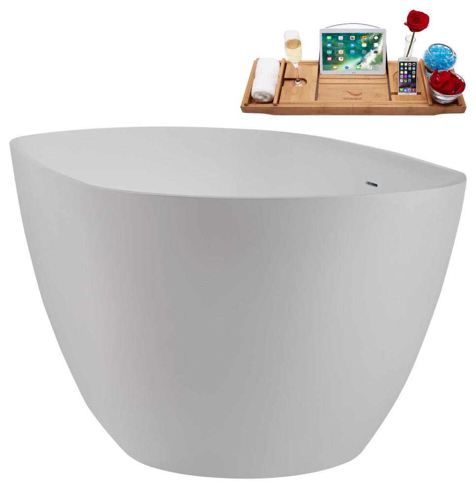 59" Streamline NS5860CH Matte White Stone Resin Bathtub, Tray With Chrome Drain