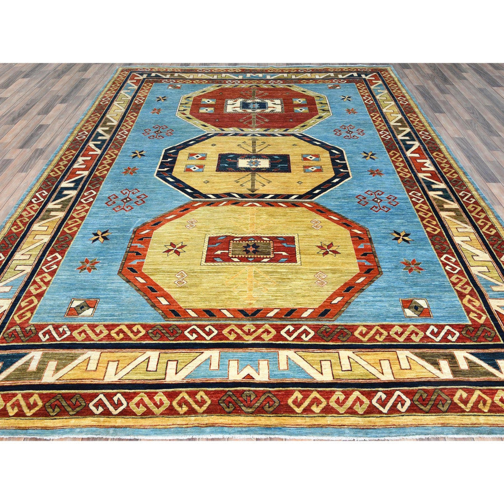 Sky Blue Caucasian Design 200 KPSI Wool Hand Knotted Oriental Rug 9'x11'10"