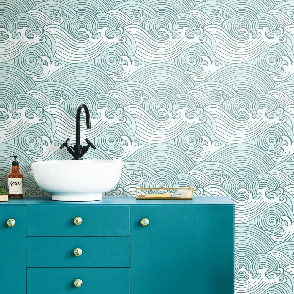 Teal & White Asian Waves Peel & Stick Wallpaper