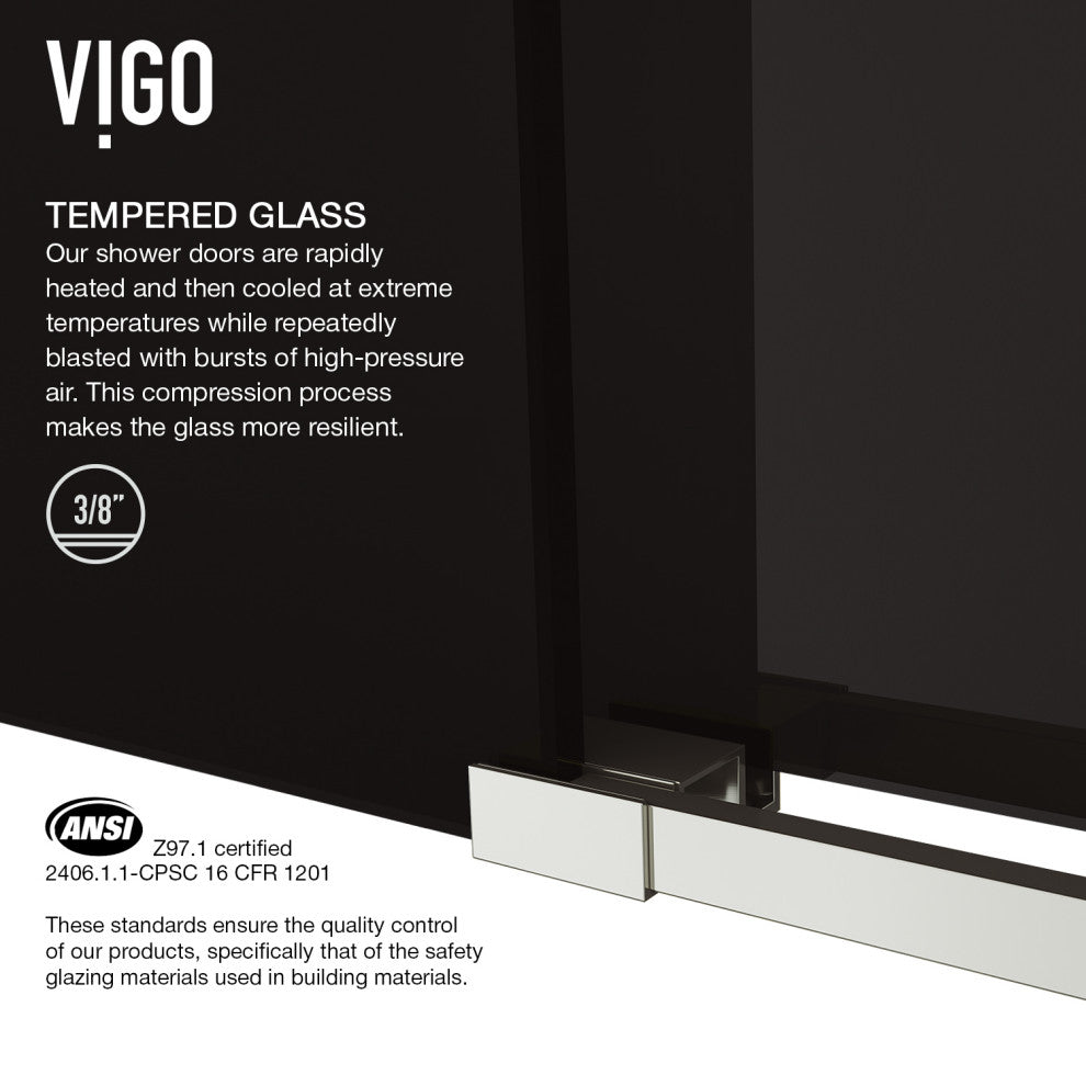 VIGO Elan 68" to 72" W x 74" H Frameless Sliding Shower Door, Stainless Steel, Black Tint Glass