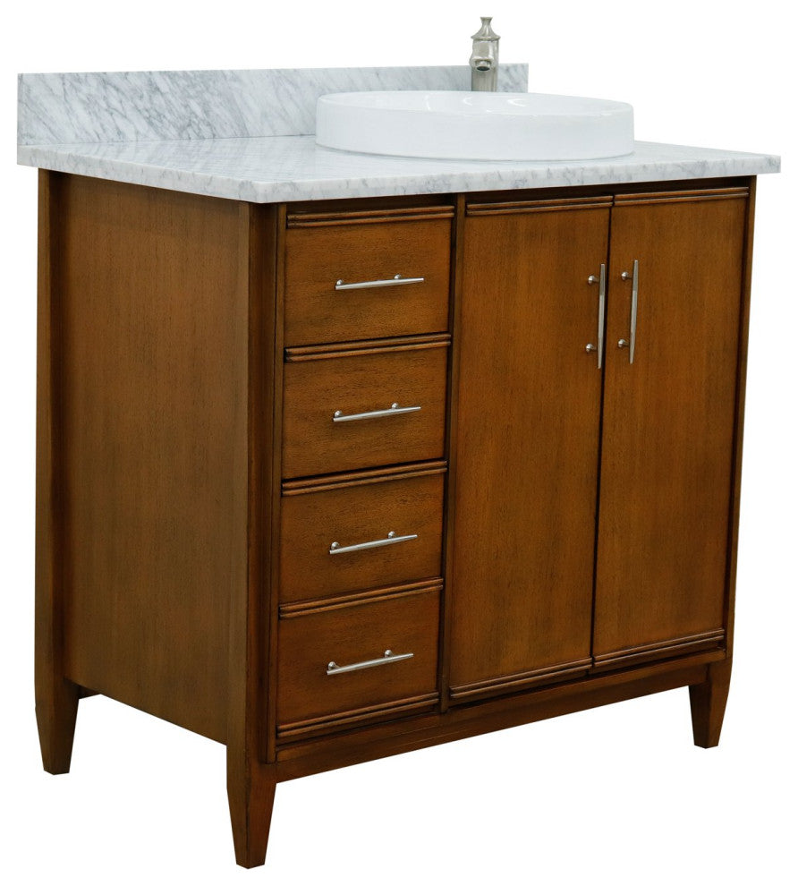 37" Single Vanity, Walnut Finish With White Carrara