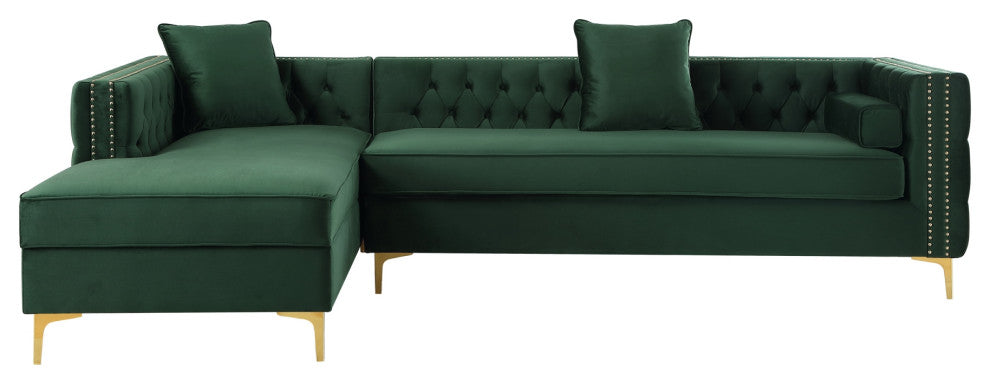 Jeannie Velvet Tufted With Nailhead Trim Sectional, Hunter Green, Left Facing