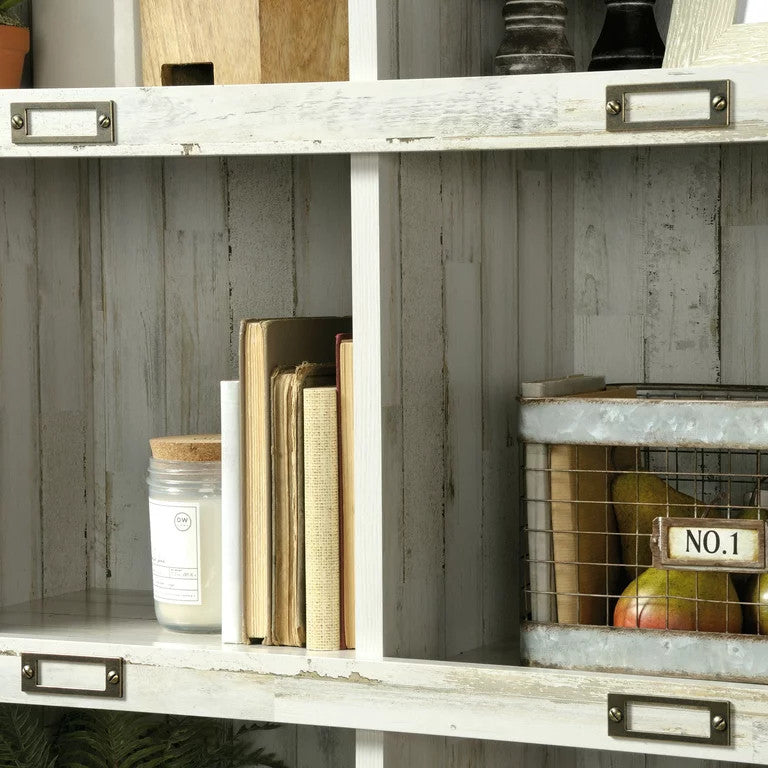 Tall Bookcase, Wood Frame & 10 Open Compartments With ID Label Tags, White Plank