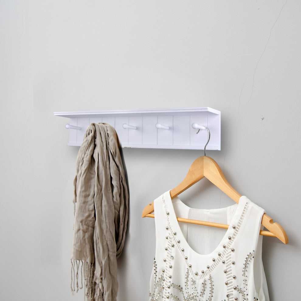 Danya B. 24" Wall Mount Wooden Coat Rack With Hooks and Display Shelf White