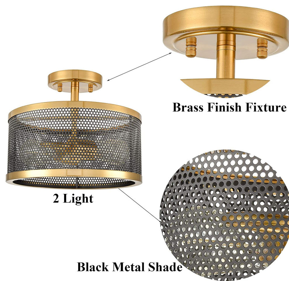 2 Light Gold Flush Mount Ceiling Light, Mesh Brass