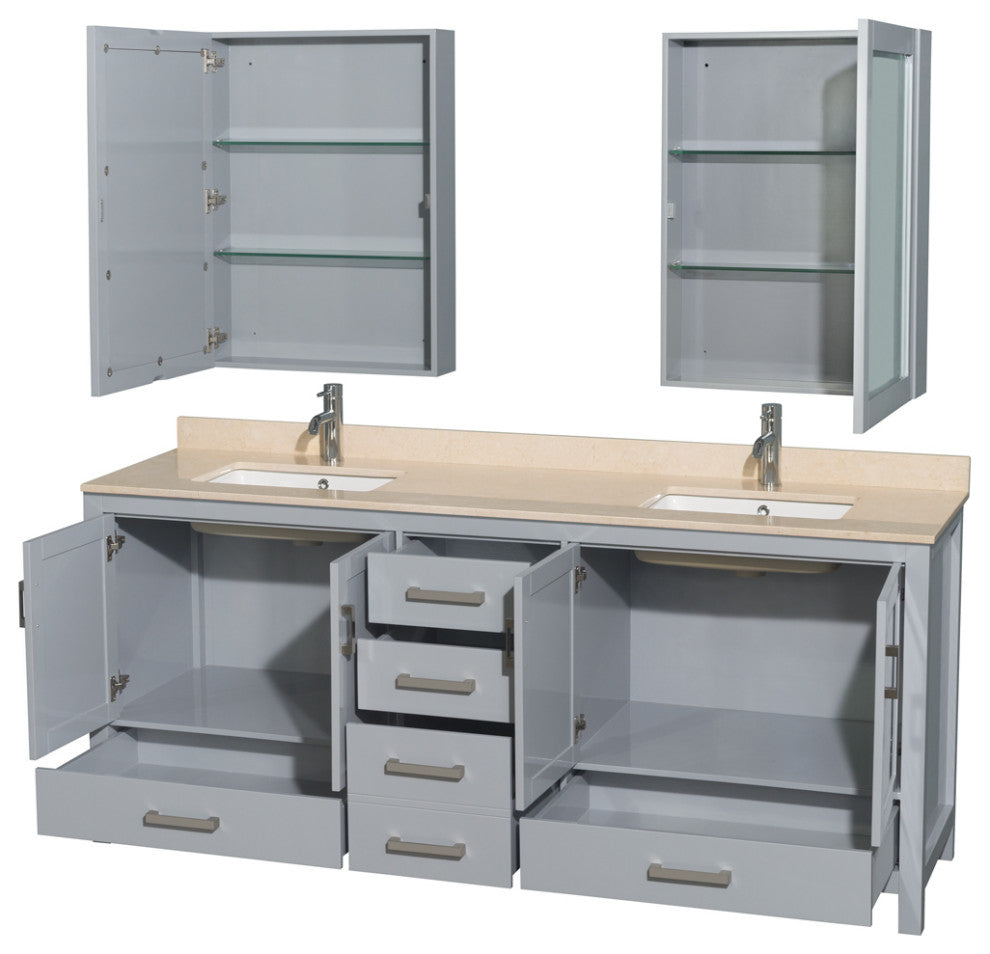 Wyndham WCS141480DGYIVUNSMED 80 inch Vanity in Gray with Ivory Marble and Square