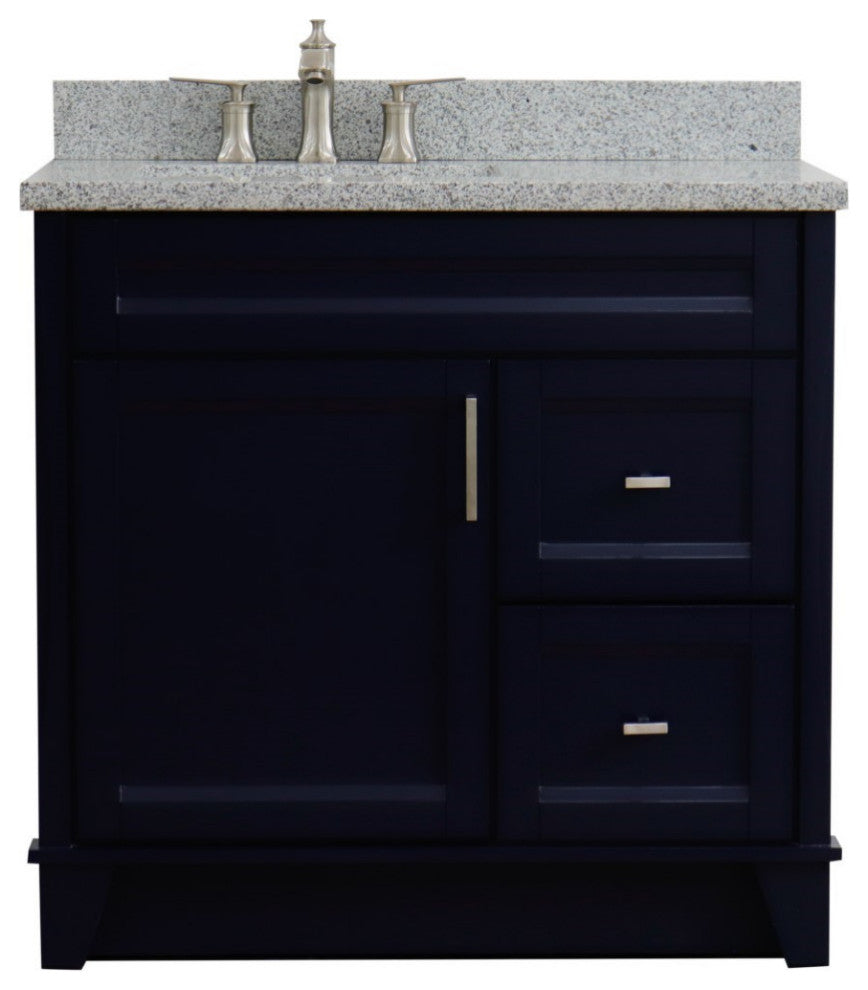 37" Single Sink Vanity, Blue Finish With Gray Granite And Left Door/Left Sink