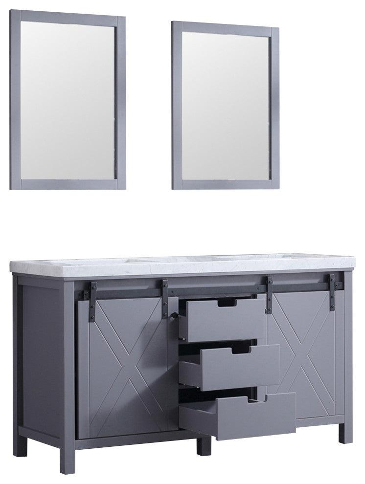 Marsyas 60" Dark Gray Double Vanity Carrara Marble Top Sinks, 24" Wall Mirrors