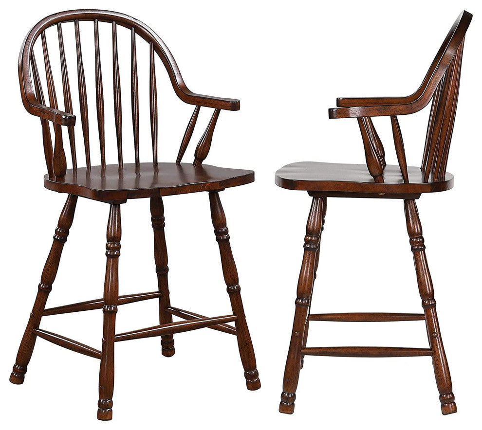 2 Pack Counter Stool, Slatted Back & Windsor Arms, Chestnut Brown