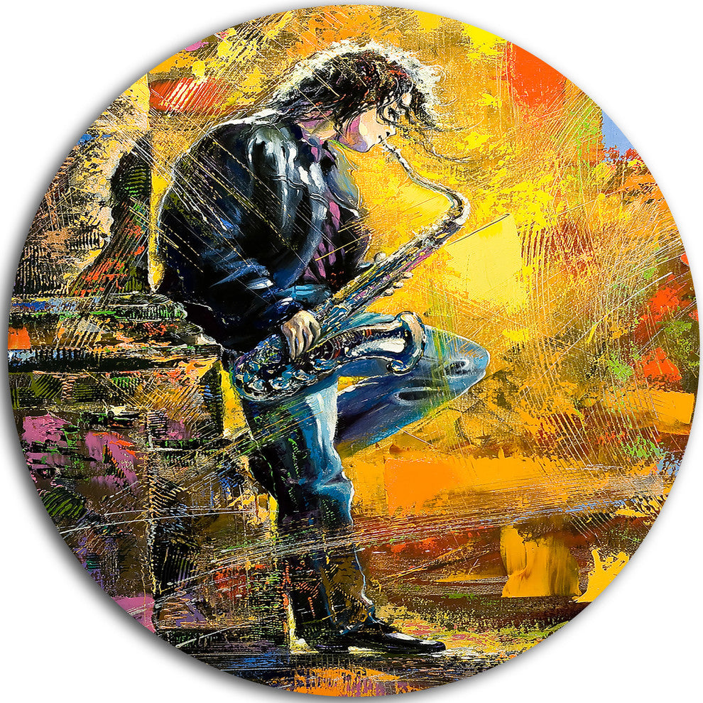 Man With Saxophone, Contemporary Large Disc Metal Wall Art, 38"
