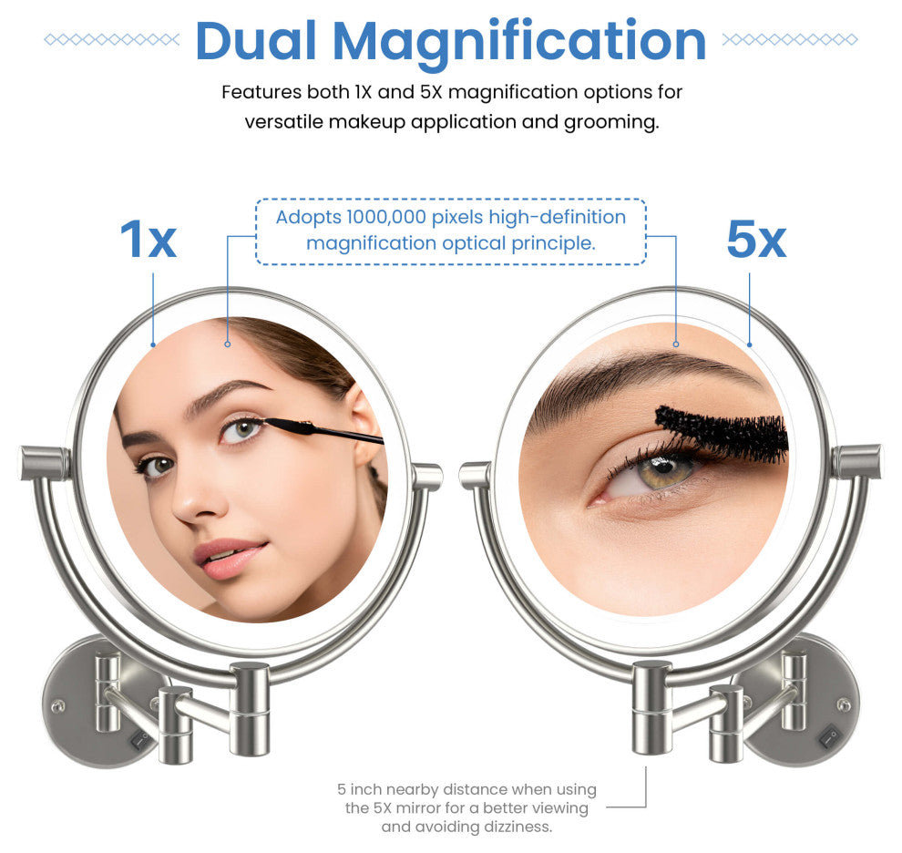 Circular LED Wall Mount Magnifying Make Up Mirror, Brushed Nickel