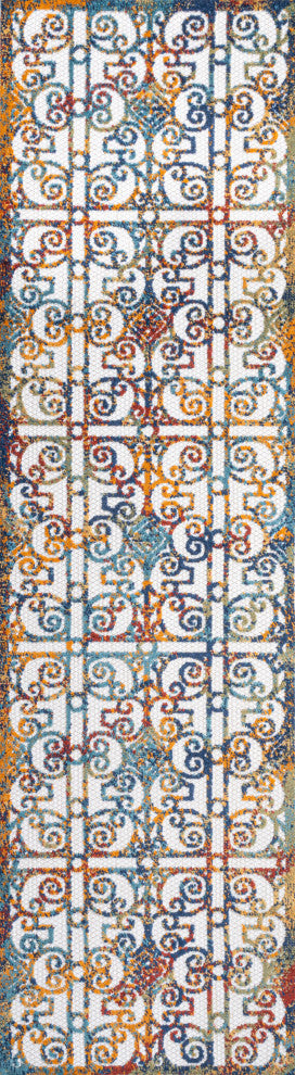 Cetara Ornate Trellis Indoor/Outdoor Area Rug, Cream/Blue/Orange, 2 X 8