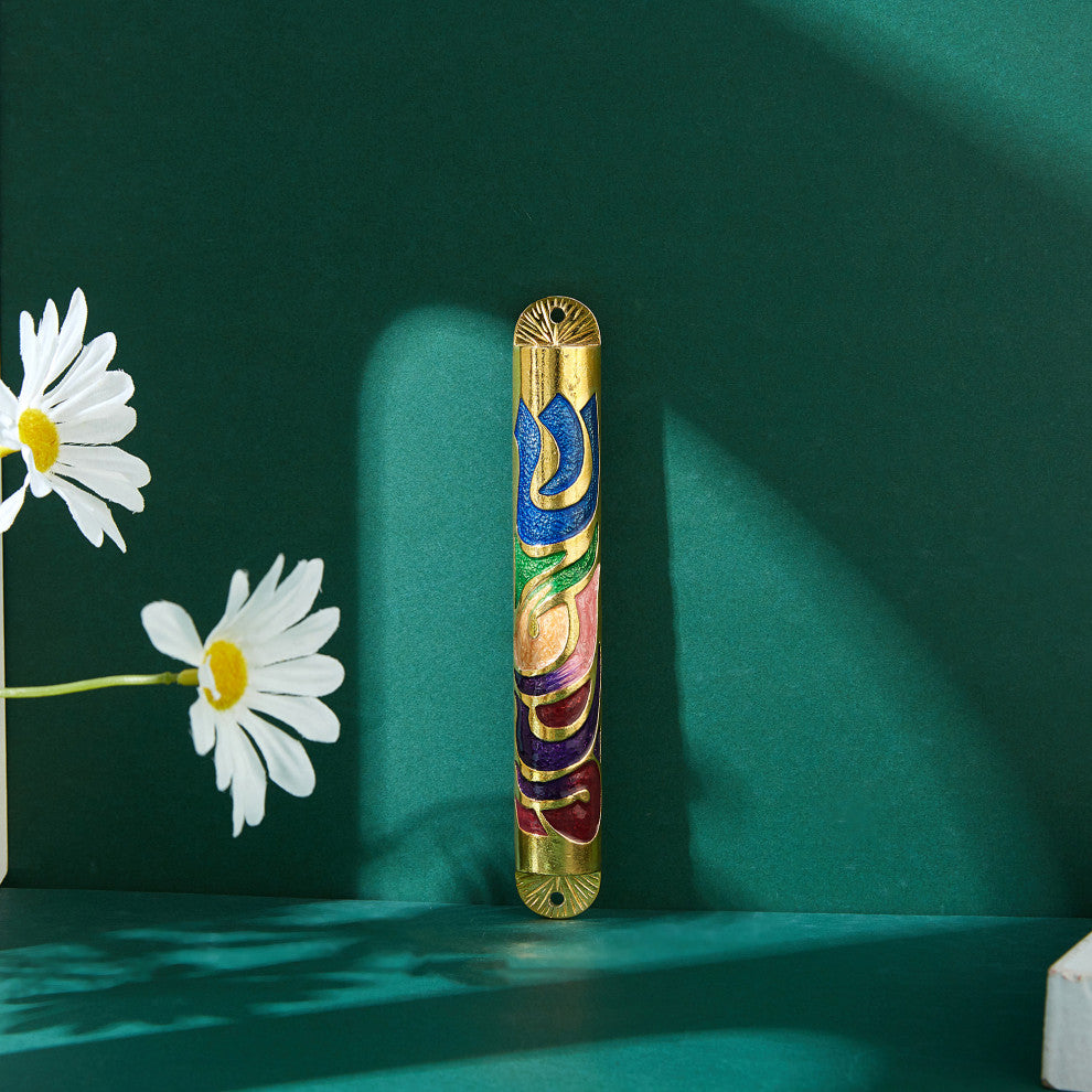 Matashi Gold Hand Painted Multicolor Enamel Mezuzah w Hebrew Shin for Home Door