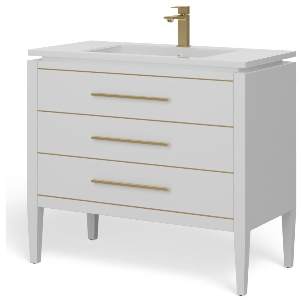 Celios Bathroom Vanity, White With Brass Trim, 36", Single Sink, Freestanding