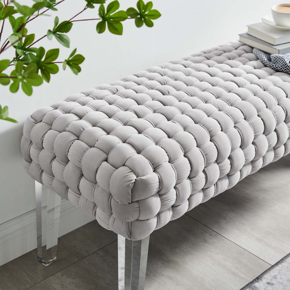 Ottoman Bench, Gray, Velvet, Modern, Mid Century Hotel Lounge Cafe
