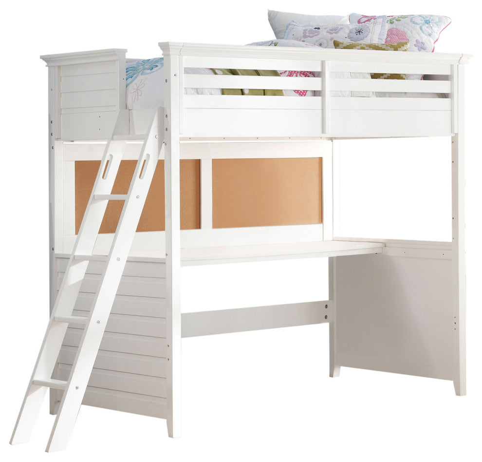 83" X 45" X 74" Twin White Poplar Wood Loft Bed With Desk