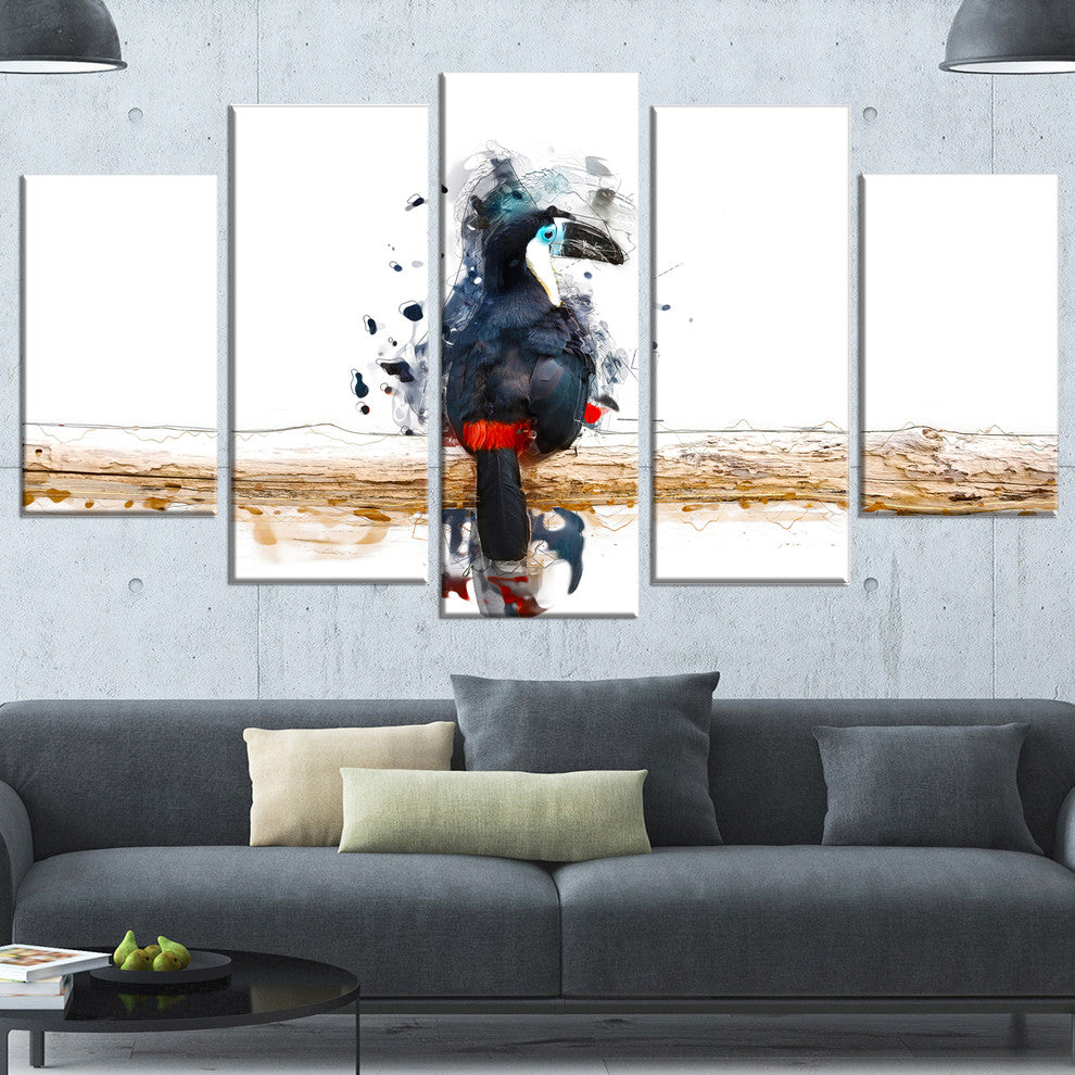 Toucan on the Branch, Animal Canvas Wall Art, 60"x32", 5 Panels