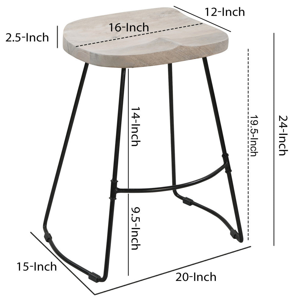 24" Backless Counter Stool Whitewashed Mango Wood Saddle Seat Black Metal