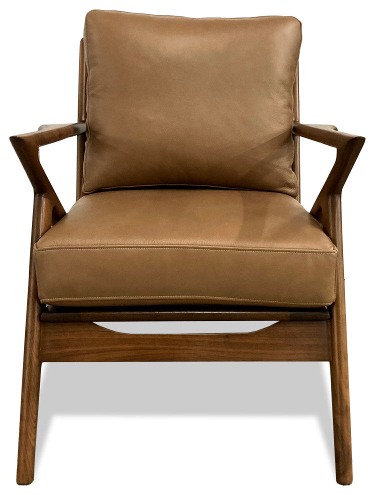 Nativa Interiors Biscayne Mid-Century Modern Geniune Leather Chair, Caramel