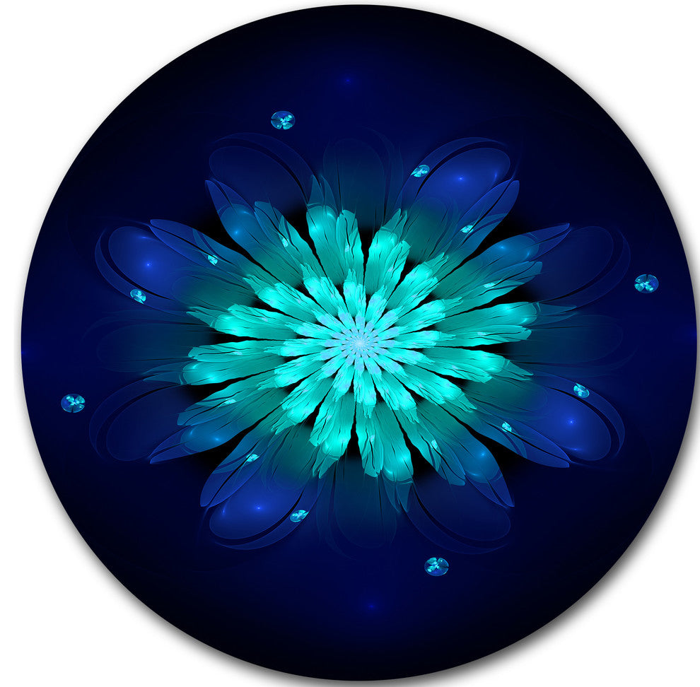 Fractal Flower Blue N Turquoise, Floral Art Round Metal Wall Art, 23"