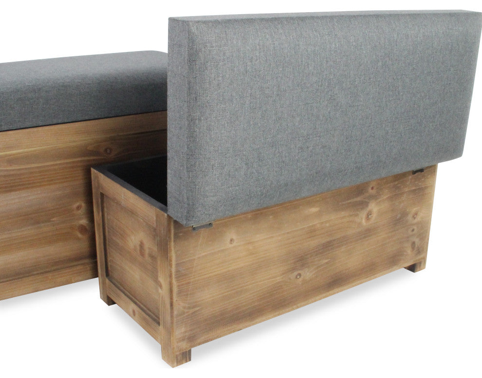 Storage Benches, Light Brown Wood, Gray Cushion, Hinged Lid, 2-Piece Set