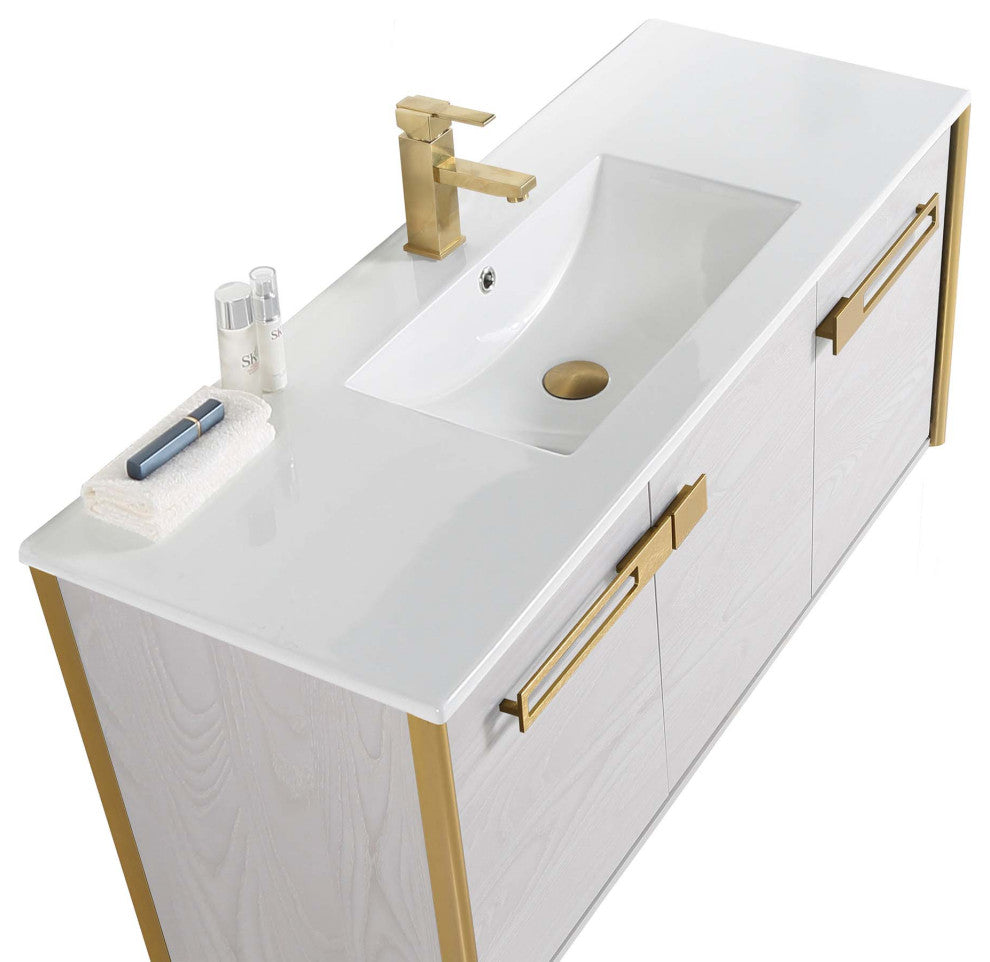 Oakville Wall Mount Bathroom Vanity, Mild Grey Oak, 48", Satin Brass Hardware