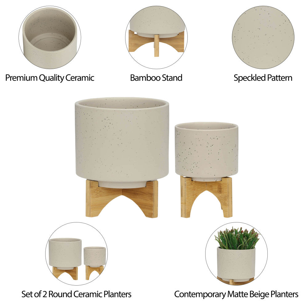 Set of 2, 5" and 8" Planter With Wood Stand, Matte Beige