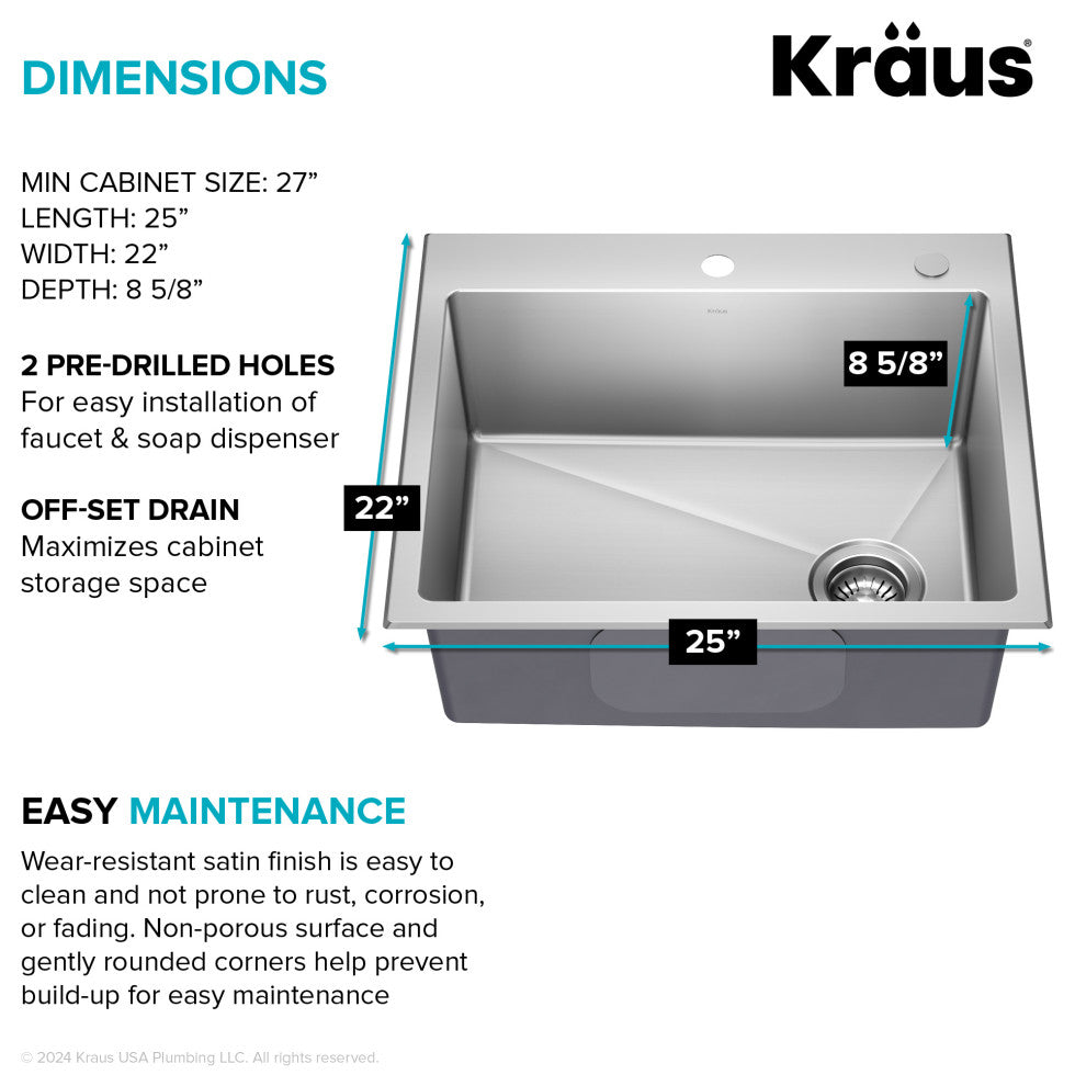KRAUS Fairlane 25" Drop, / Top Mount 1-Bowl Stainless Steel Kitchen Sink