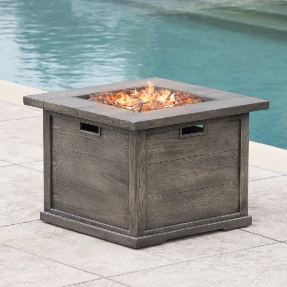 GDF Studio Ellesmere Outdoor Wood Patterned Square Gas Fire Pit, Gray Wood Patte