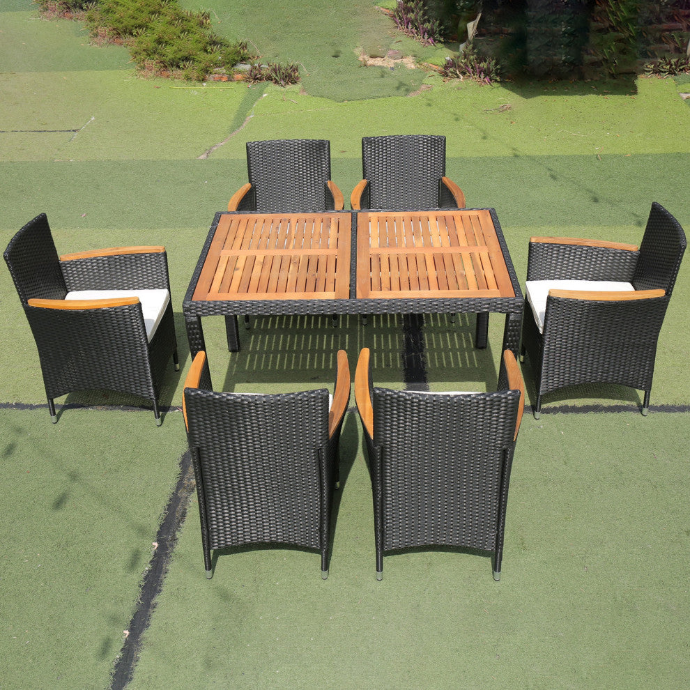 7 Pieces Outdoor Patio Wicker Furniture Dining Table Set With 6 Stools