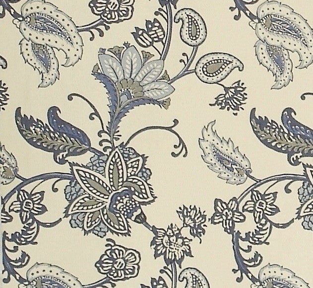 Blue Paisley Indienne Fabric Gray Handprint, Sample Cut